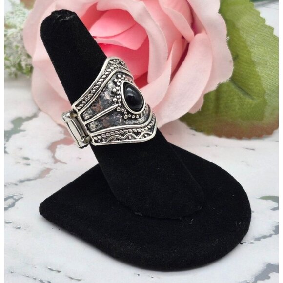 Cute Silver Tone & Black Statement Stretch Ring One Size Western Bojo Casual - Picture 4 of 10